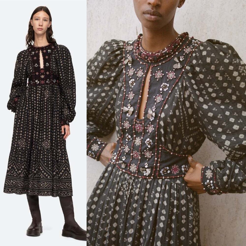 Sea New York Embroidered Maja Long Sleeve Dress Black Burgundy XS Boho Chic